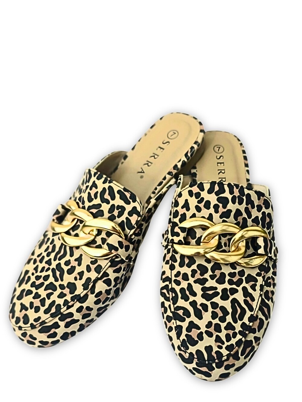 Leopard Print Chain-Trim Mule Slides Beige/Black with Gold Chain Size W7